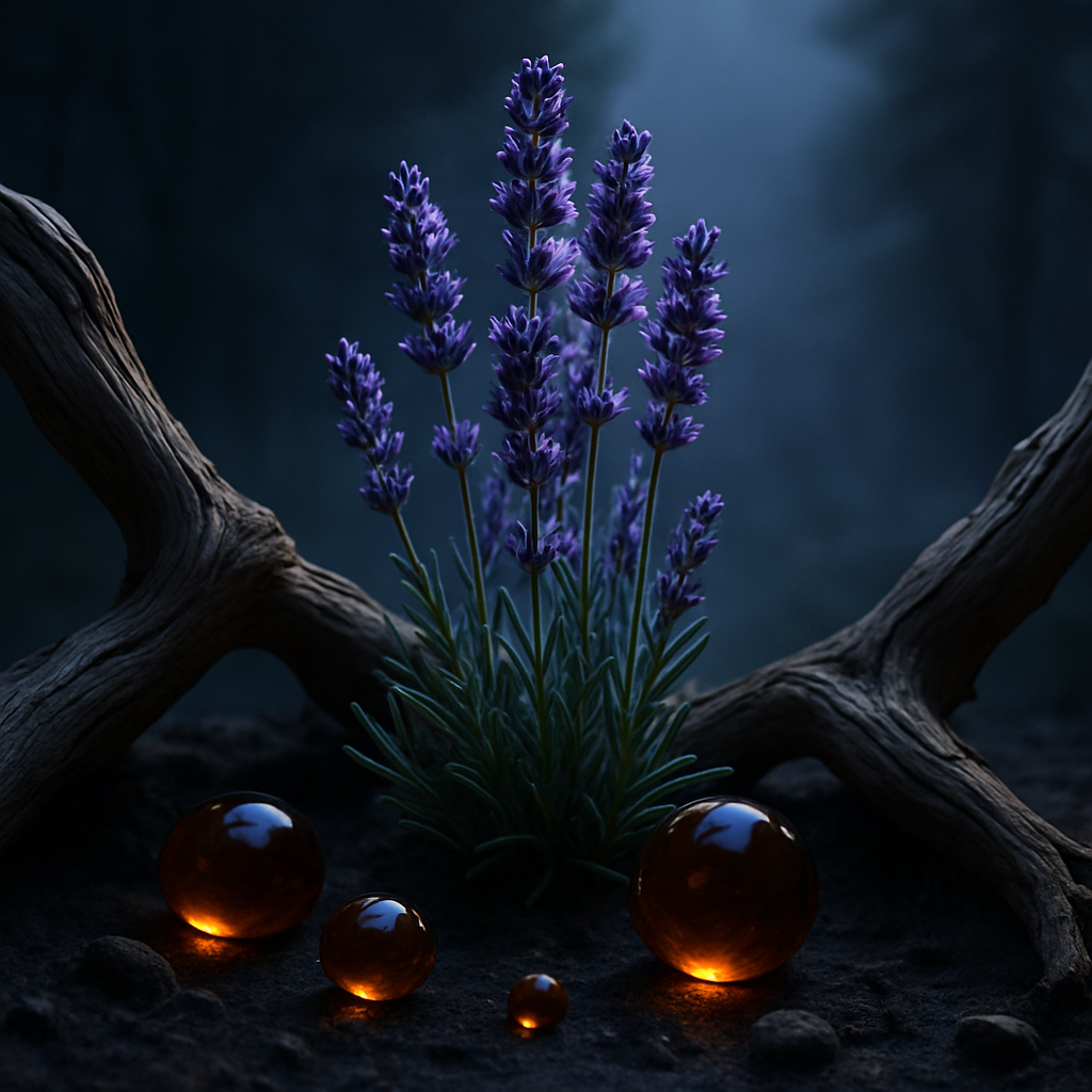 Lavender flowers with glowing amber stones on a dark background